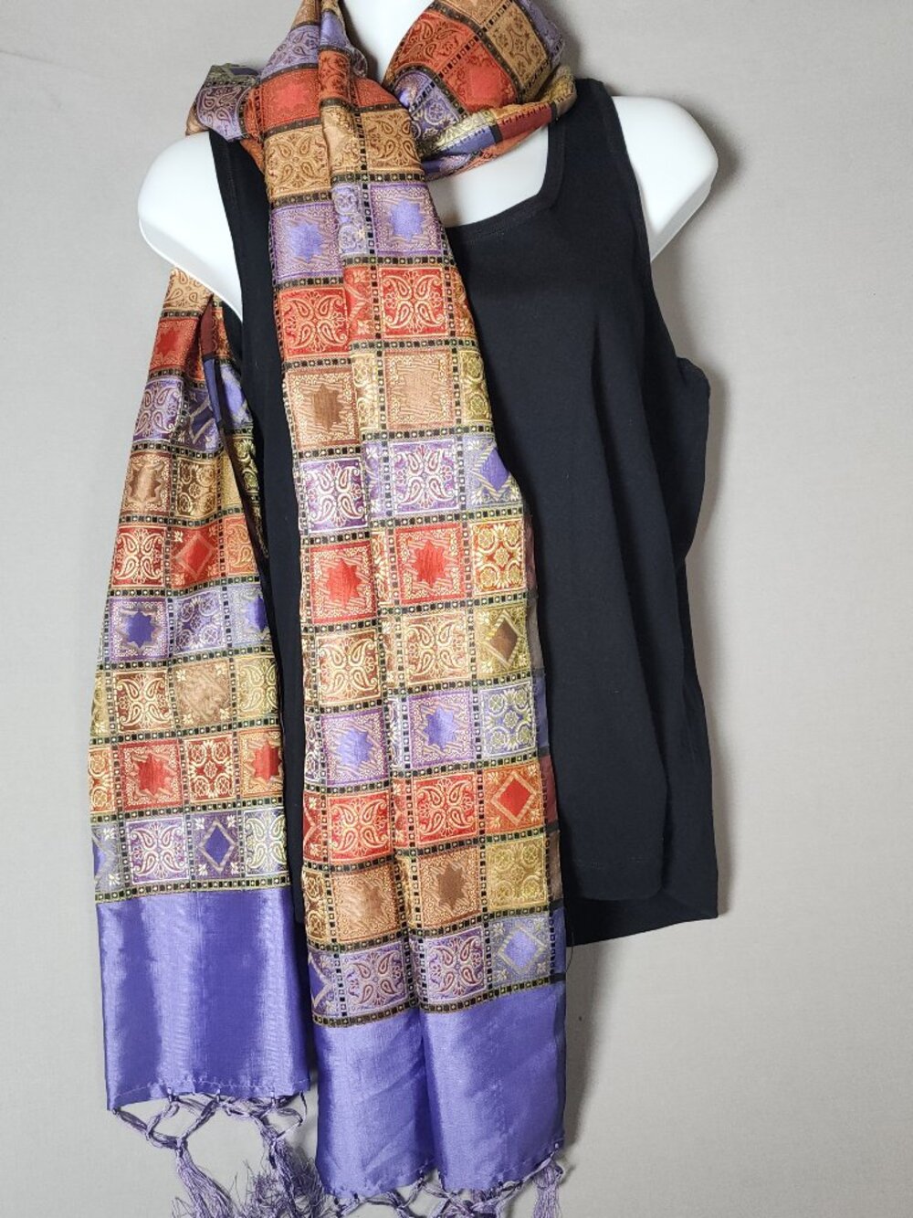 Vintage BASILE Silk Cotton Scarf Wrap Paisley Patchwork Purple Fringe